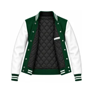 Open women's forest green wool/white leather varsity jacket showing black quilted lining, one left interior pocket with double leather welt trim and steel snap backs
