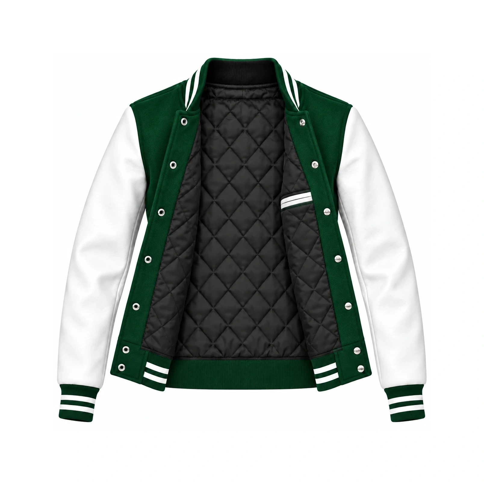 Open women's forest green wool/white leather varsity jacket showing black quilted lining, one left interior pocket with double leather welt trim and steel snap backs