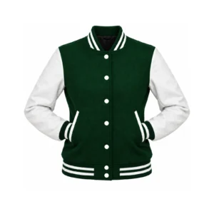 Women's Forest Green Wool/White Leather Varsity Jacket with both sleeves tucked into the outer pockets and two waistband snaps