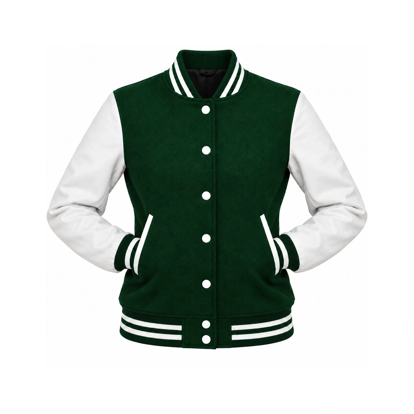 Women's Forest Green Wool/White Leather Varsity Jacket with both sleeves tucked into the outer pockets and two waistband snaps