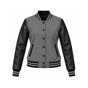 Front view of Women's Grey Wool/Black Leather Varsity Jacket