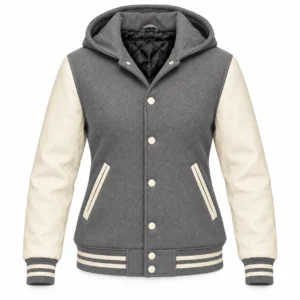 Women's Grey Wool / Natural Cream Leather Hooded Varsity Jacket — front view
