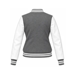 Back view of Women's Grey Wool/White Leather Varsity Jacket