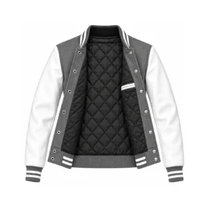Open Women's Grey Wool/White Leather Varsity Jacket showing black quilted lining, one left interior pocket with double leather welt trim and steel snap backs