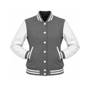 Women's Grey Wool/White Leather Varsity Jacket with both sleeves tucked into the outer pockets and two waistband snaps