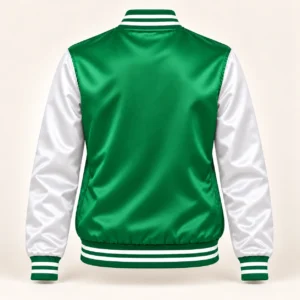 Women’s Kelly Green & White Satin Varsity Jacket — back view