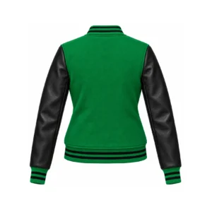 Back view of Women's Kelly Green Wool/Black Leather Varsity Jacket
