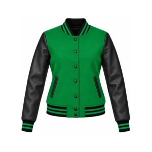 Front view of Women's Kelly Green Wool/Black Leather Varsity Jacket