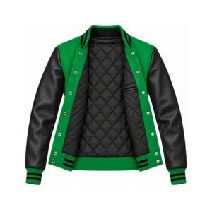 Open Women's Kelly Green Wool/Black Leather Varsity Jacket showing black quilted lining, one left interior pocket with double leather welt trim and steel snap backs