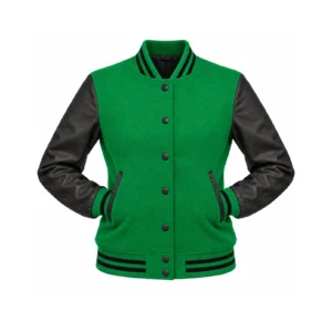 Women's Kelly Green Wool/Black Leather Varsity Jacket with both sleeves tucked into the outer pockets and two waistband snaps