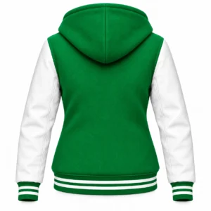 Women's Kelly Green Wool / White Leather Hooded Varsity Jacket — back view