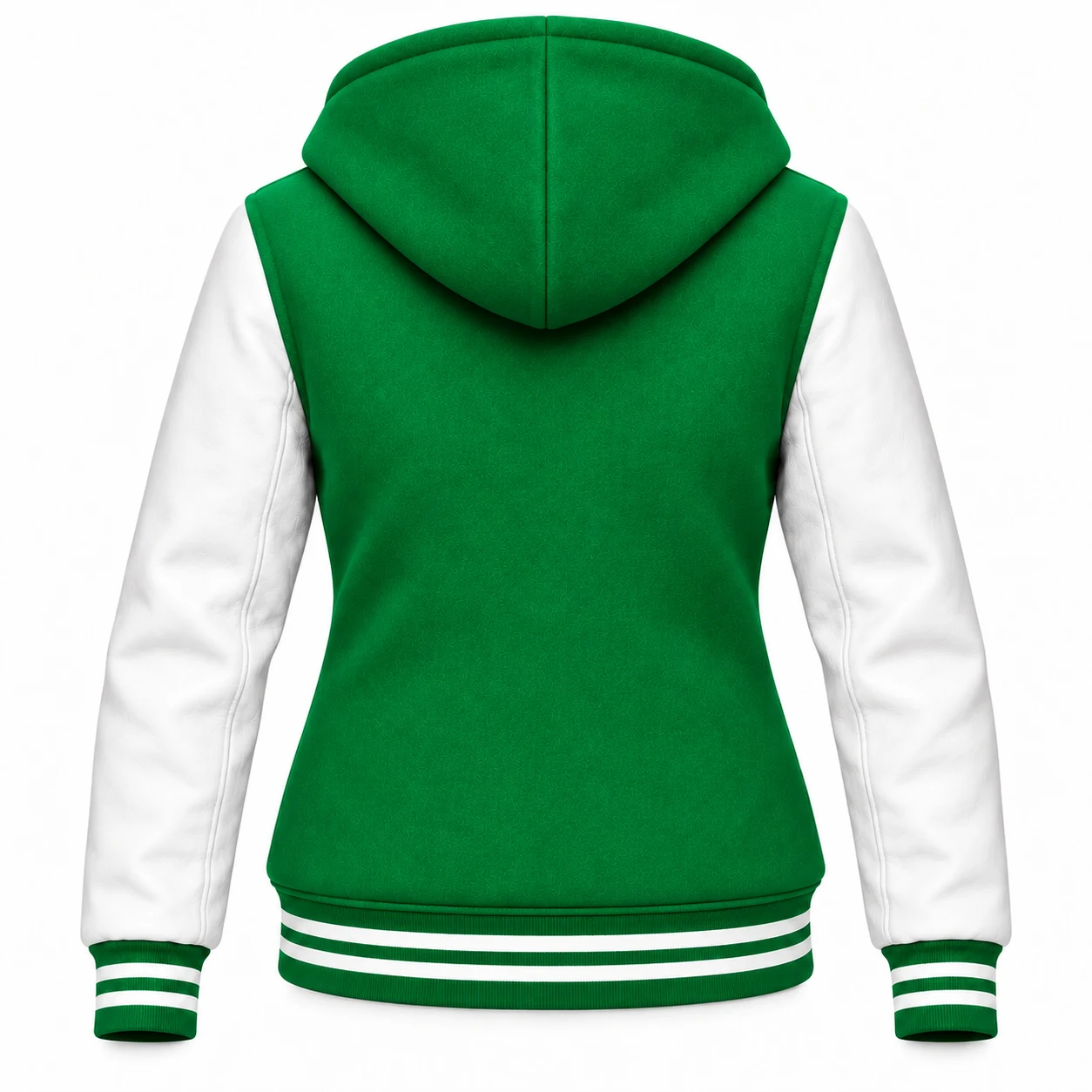 Women's Kelly Green Wool / White Leather Hooded Varsity Jacket — back view