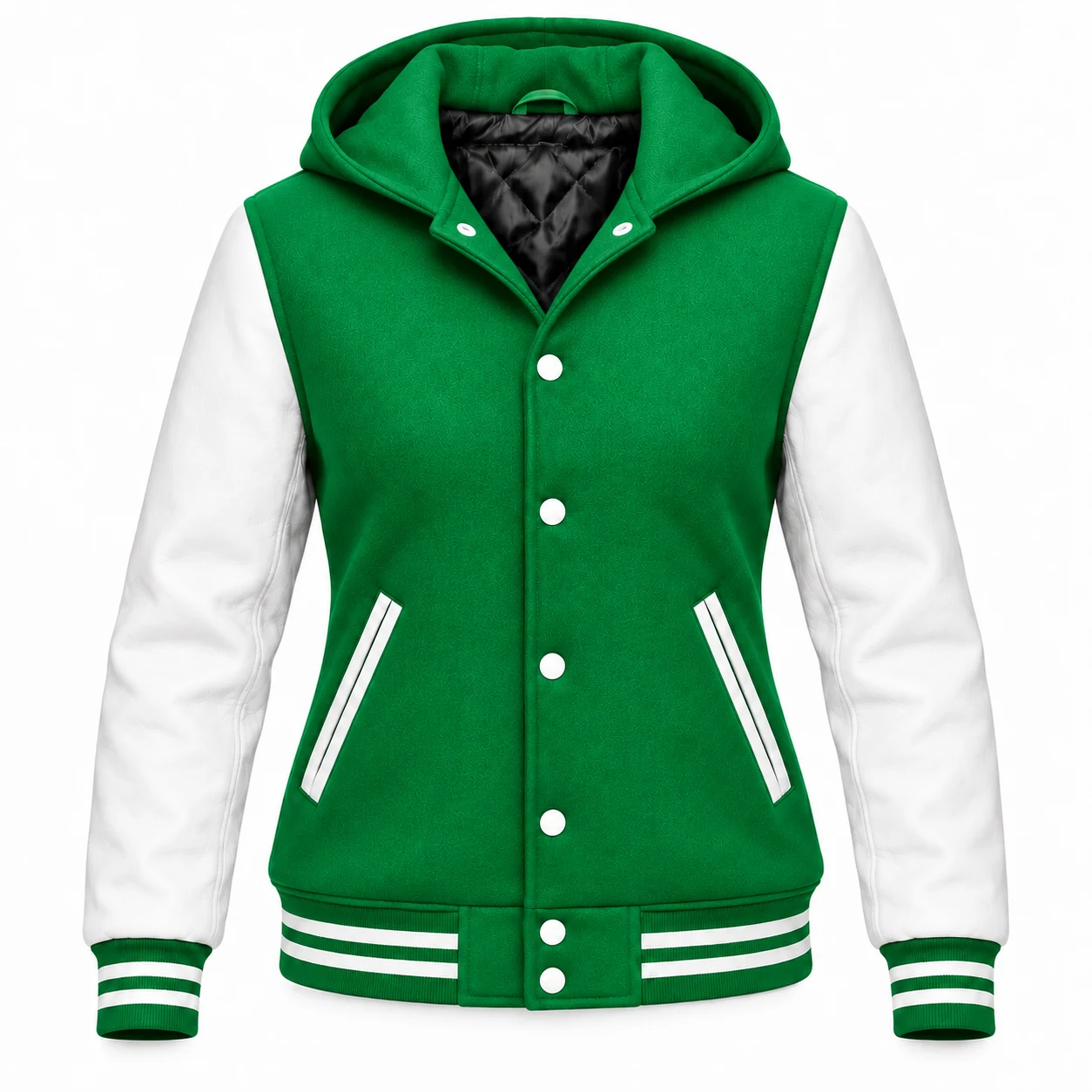 Women's Kelly Green Wool / White Leather Hooded Varsity Jacket — front view