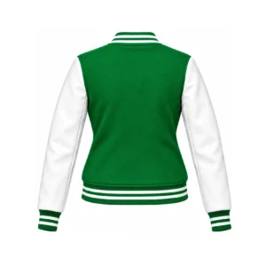 Back view of women's kelly green wool/white leather varsity jacket