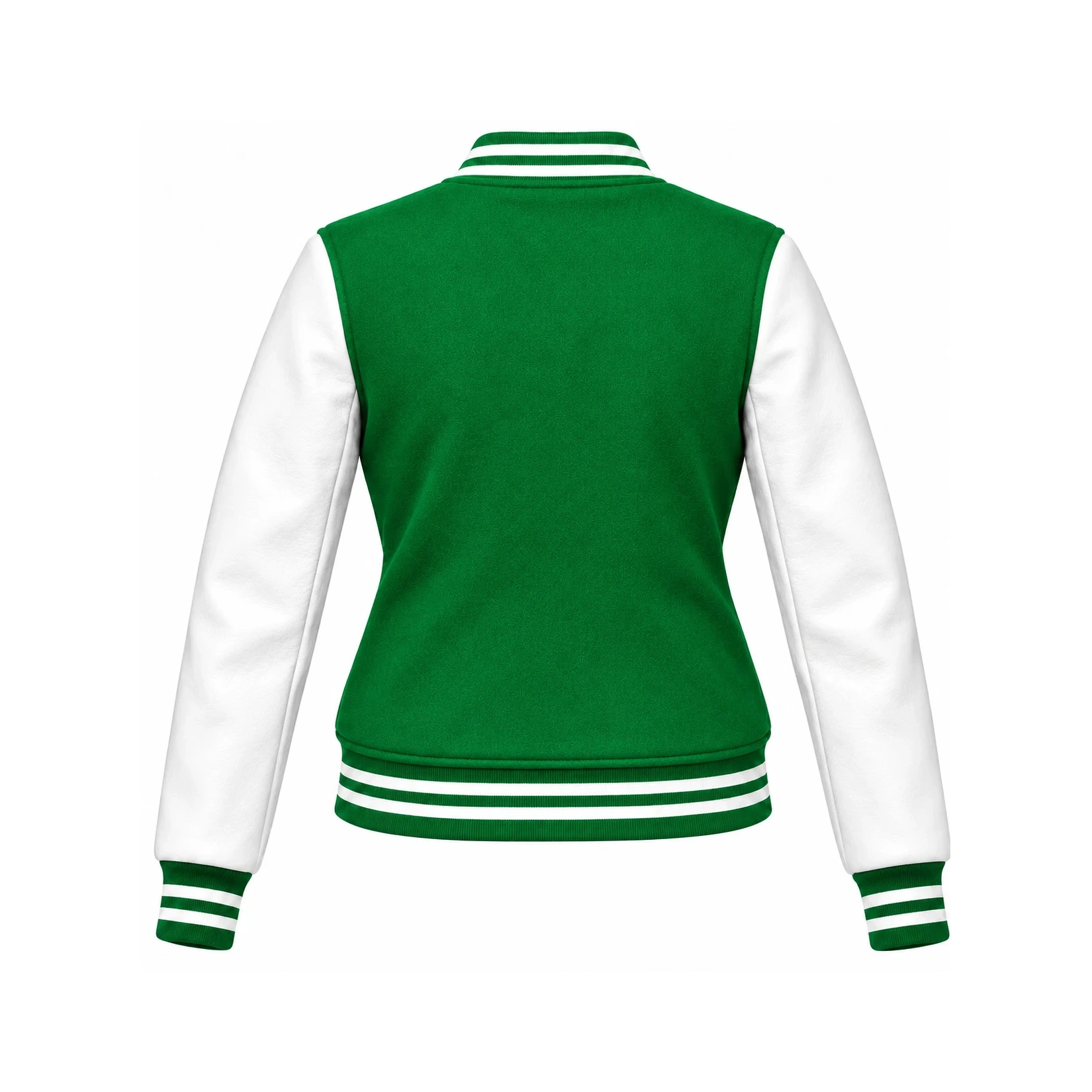 Back view of women's kelly green wool/white leather varsity jacket
