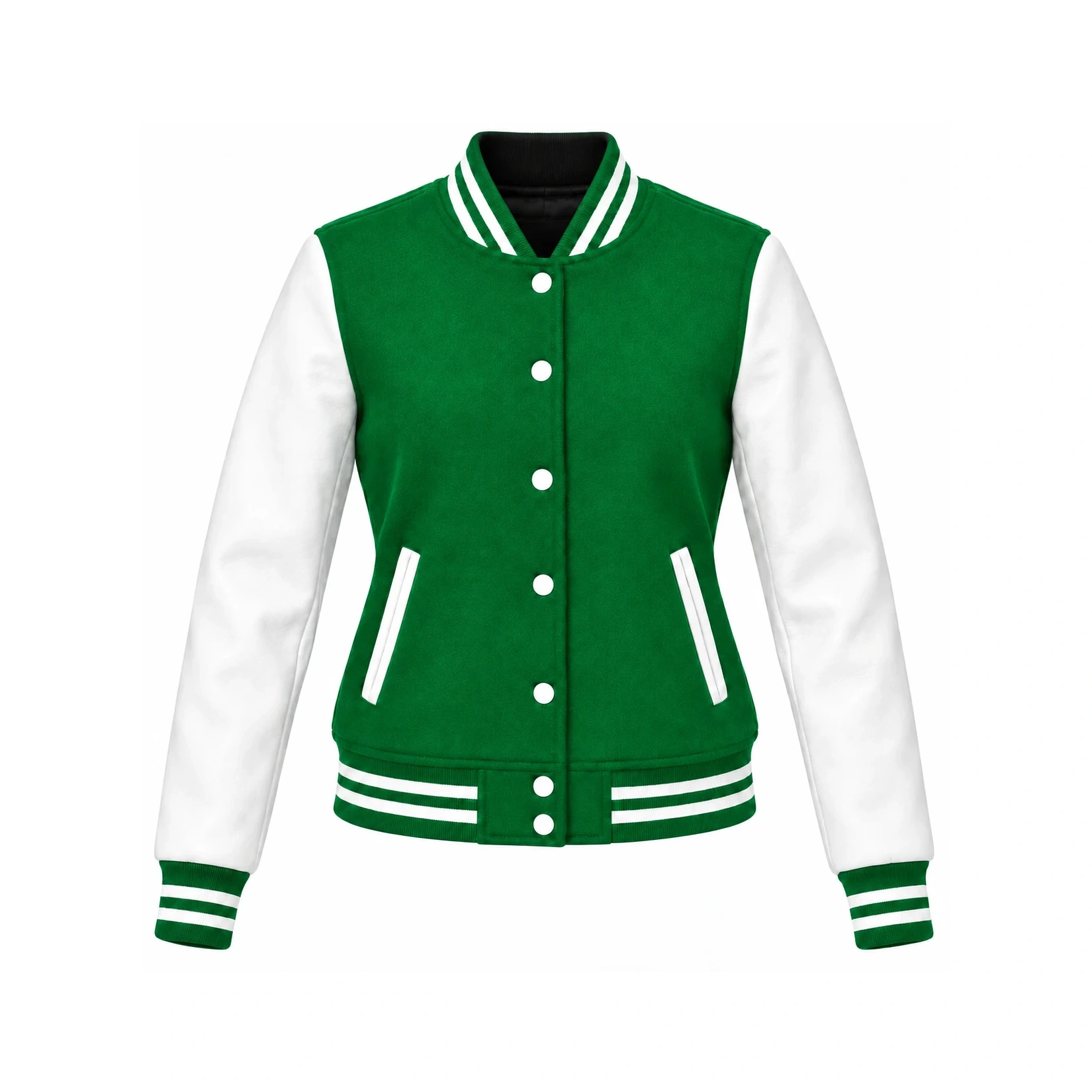Front view of women's kelly green wool/white leather varsity jacket