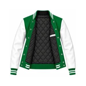 Open women's kelly green wool/white leather varsity jacket showing black quilted lining, one left interior pocket with double leather welt trim and steel snap backs