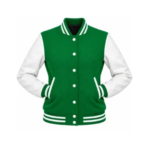 Women's Kelly Green Wool/White Leather Varsity Jacket with both sleeves tucked into the outer pockets and two waistband snaps