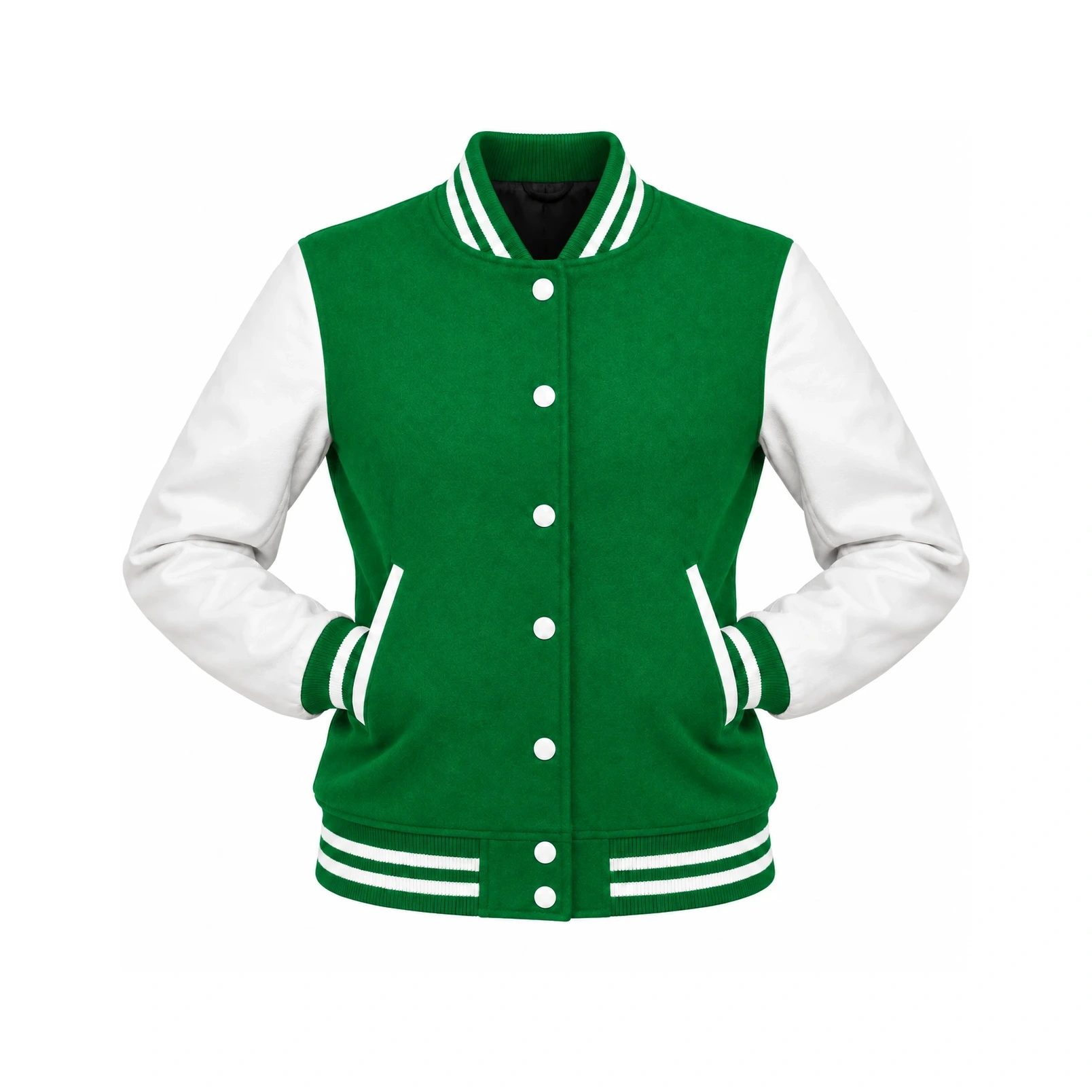 Women's Kelly Green Wool/White Leather Varsity Jacket with both sleeves tucked into the outer pockets and two waistband snaps