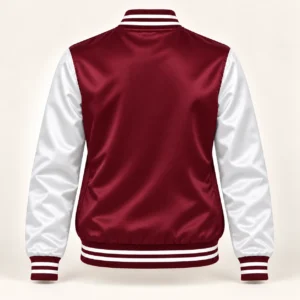 Women’s Maroon & White Satin Varsity Jacket — back view