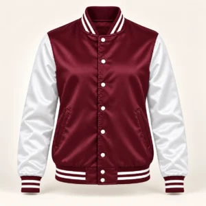 Women’s Maroon & White Satin Varsity Jacket — front view