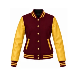 Front view of Women's Maroon Wool/Gold Leather Varsity Jacket