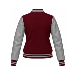Back view of Women's Maroon Wool/Grey Leather Varsity Jacket