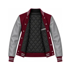 Open Women's Maroon Wool/Grey Leather Varsity Jacket showing black quilted lining, one left interior pocket with double leather welt trim and steel snap backs