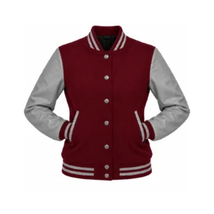Women's Maroon Wool/Grey Leather Varsity Jacket with both sleeves tucked into the outer pockets and two waistband snaps