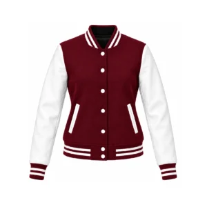 Front view of women's maroon wool/white leather varsity jacket