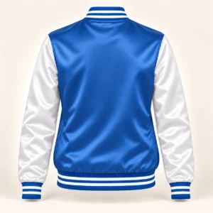 Women’s Medium Blue & White Satin Varsity Jacket — back view