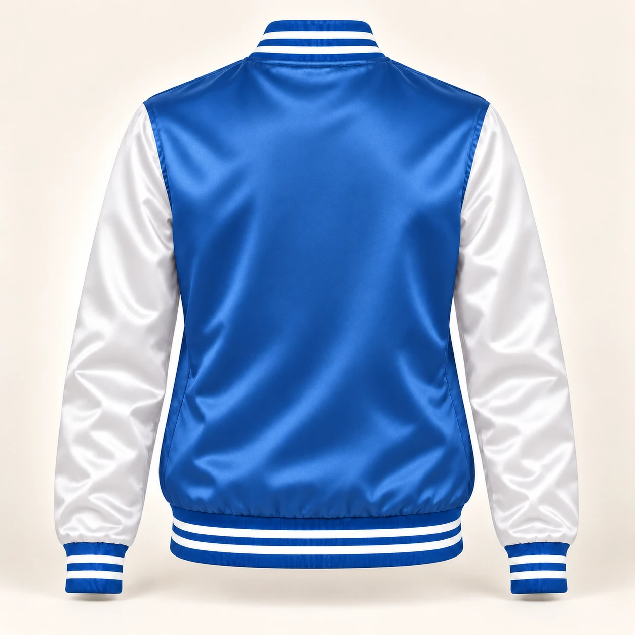 Women’s Medium Blue & White Satin Varsity Jacket — back view
