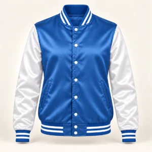 Women’s Medium Blue & White Satin Varsity Jacket — front view