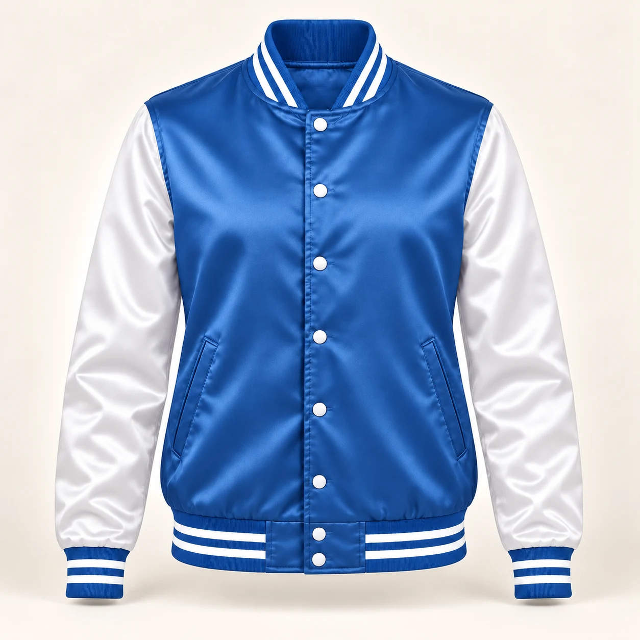 Women’s Medium Blue & White Satin Varsity Jacket — front view