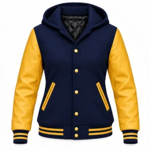 Women's Navy Blue Wool / Gold Leather Hooded Varsity Jacket — front view