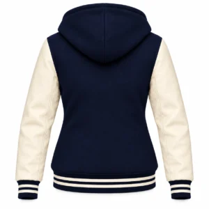 Women's Navy Blue Wool / Natural Cream Leather Hooded Varsity Jacket — back view