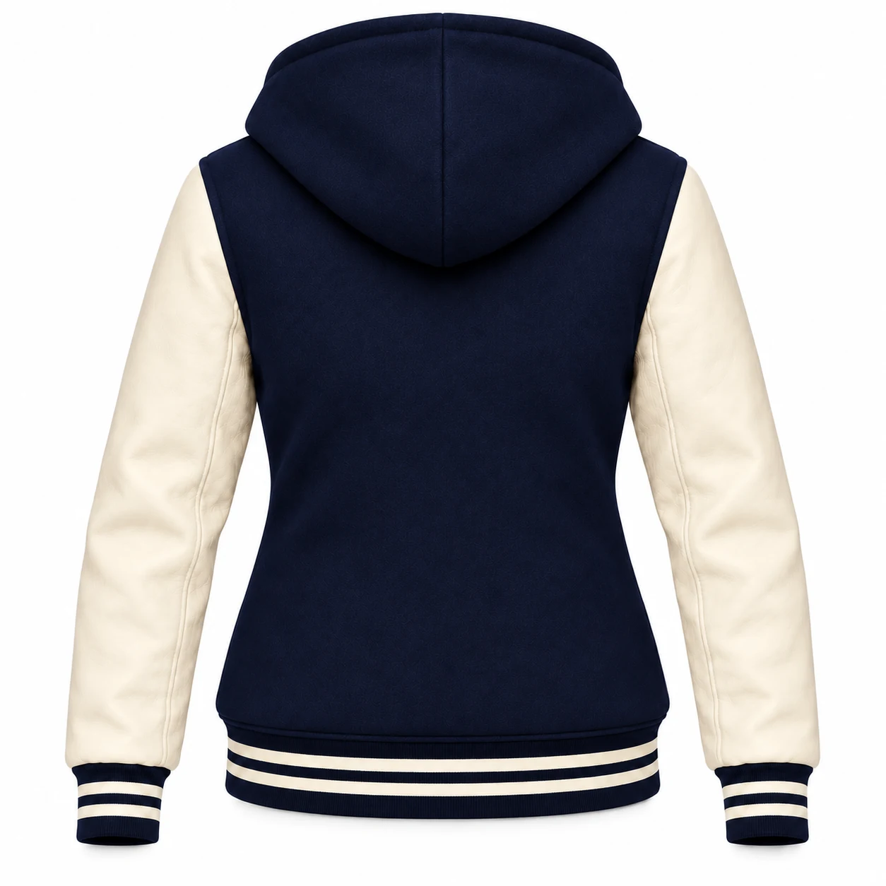 Women's Navy Blue Wool / Natural Cream Leather Hooded Varsity Jacket — back view