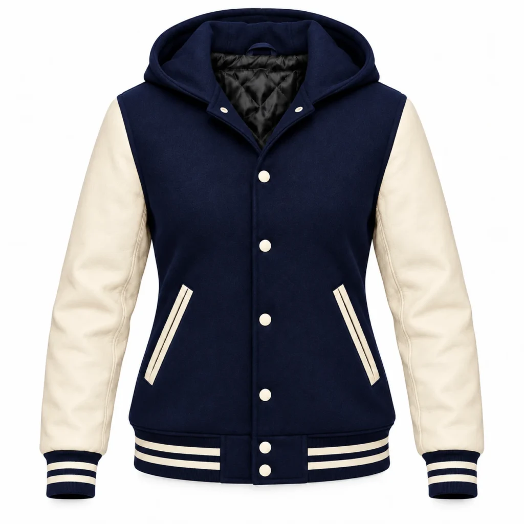 Navy blue wool and natural cream leather women's hooded varsity jacket, front view