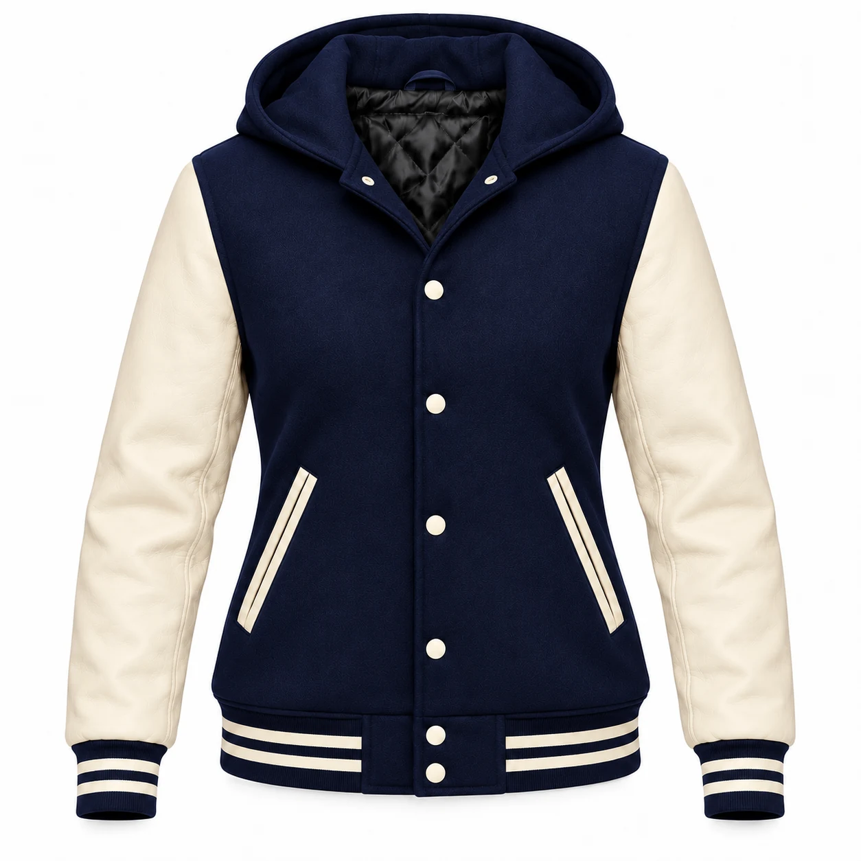 Women's Navy Blue Wool / Natural Cream Leather Hooded Varsity Jacket — front view