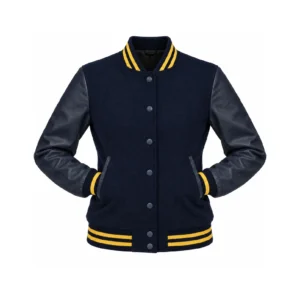 Women's Navy Wool/Navy Leather Varsity Jacket – Gold Trim with both sleeves tucked into the outer pockets and two waistband snaps