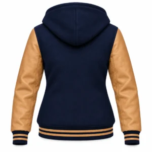 Women's Navy Blue Wool / Tan Leather Hooded Varsity Jacket — back view