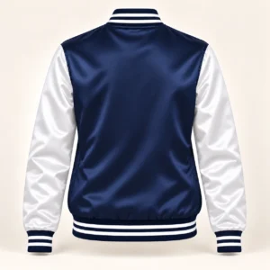 Women’s Navy & White Satin Varsity Jacket — back view