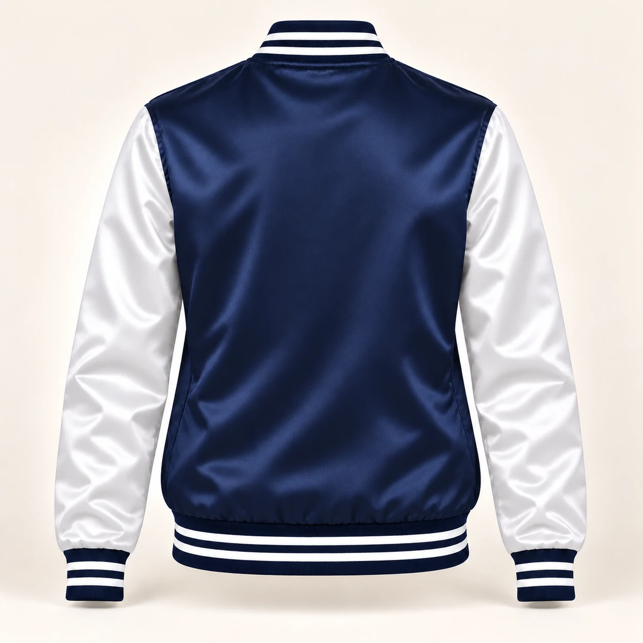 Women’s Navy & White Satin Varsity Jacket — back view