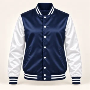Women’s Navy & White Satin Varsity Jacket — front view