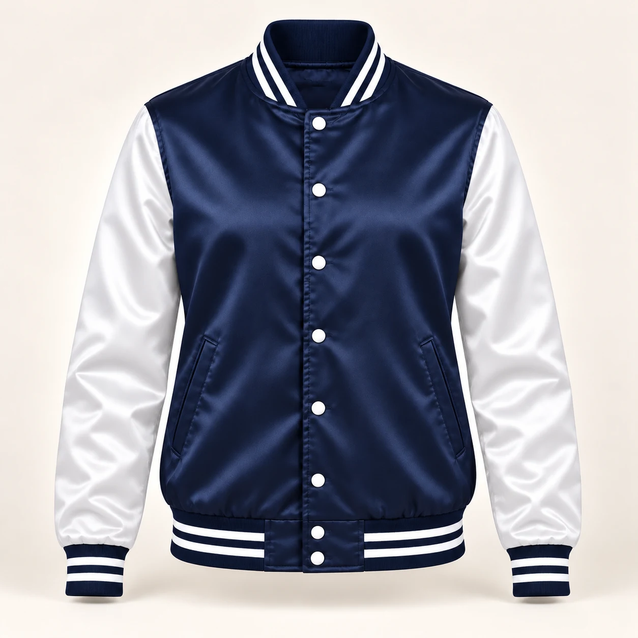 Women’s Navy & White Satin Varsity Jacket — front view
