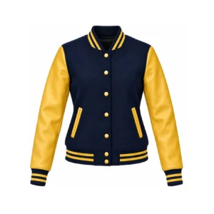 Front view of Women's Navy Wool/Gold Leather Varsity Jacket