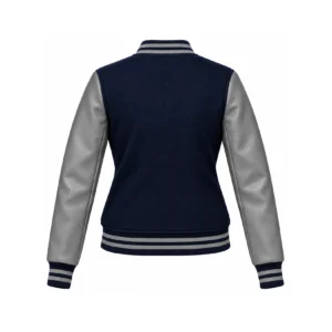 Back view of Women's Navy Wool/Grey Leather Varsity Jacket