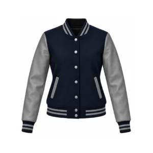 Front view of Women's Navy Wool/Grey Leather Varsity Jacket