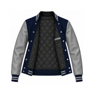 Open Women's Navy Wool/Grey Leather Varsity Jacket showing black quilted lining, one left interior pocket with double leather welt trim and steel snap backs