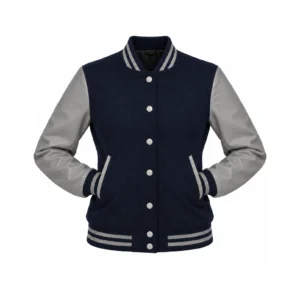 Women's Navy Wool/Grey Leather Varsity Jacket with both sleeves tucked into the outer pockets and two waistband snaps